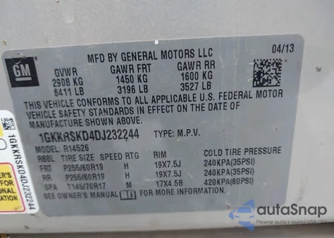 2013 GMC Acadia Slt-2 from USA, damaged, VIN 1GKKRSKD4DJ232244